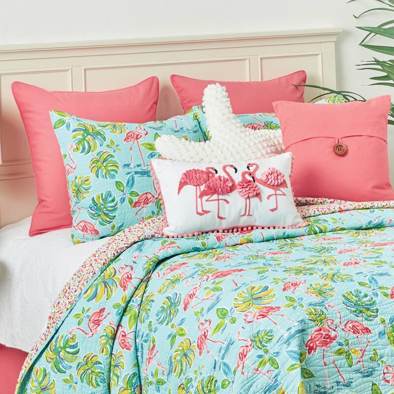 Flamingo Friends Dimensional Throw Pillow with Pom Poms