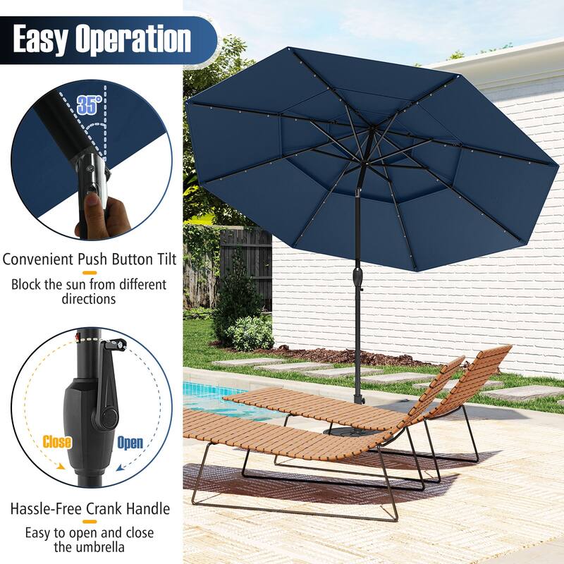 Gymax 10 FT Solar Patio Umbrella w/ 32 LED Lights 3-Tier Vented Top