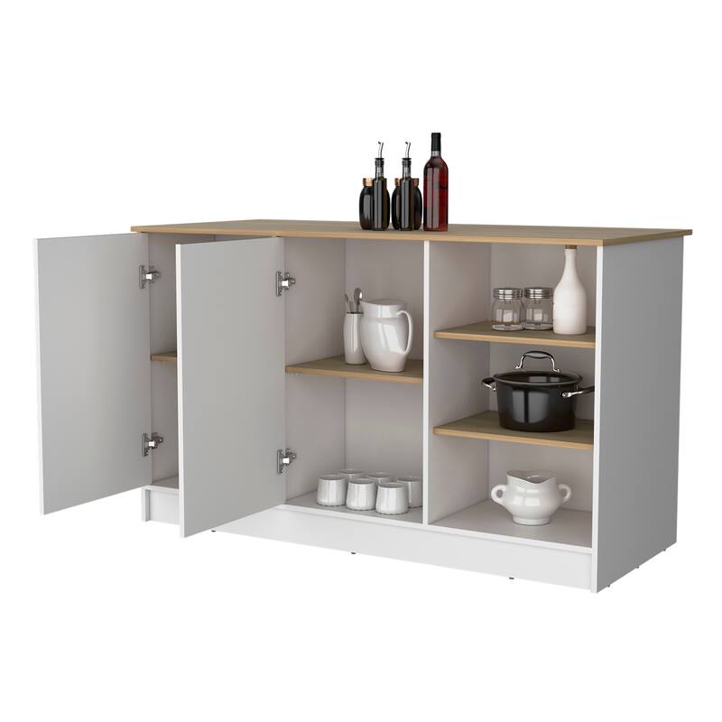 Gladiolus kitchen island in melamine, two doors, three open shelves
