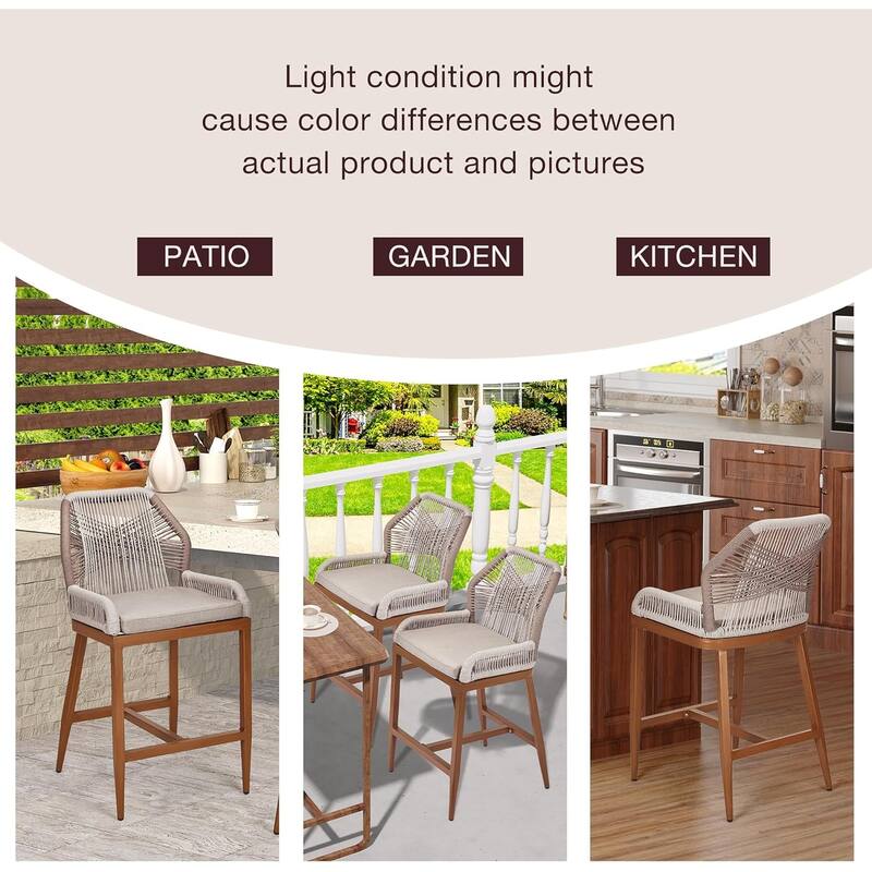 Woven Outdoor Counter Height Bar Stools Chairs Set of 2, Rattan Garden Counter Stools with Aluminum Frame