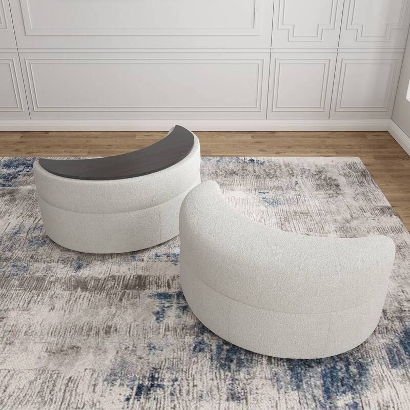 Chenille Half Moon Storage Ottoman(Set of 2) - Boucle - Ivory