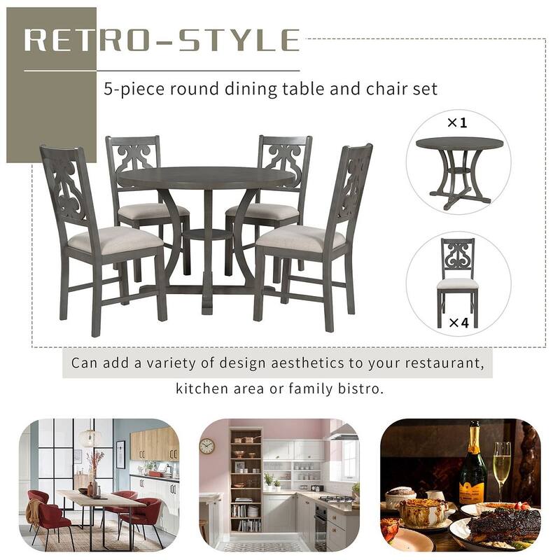 Round Dining Table Set for 4 - 42" Round Dining Table and 4 Decorative Back Upholstered Chairs