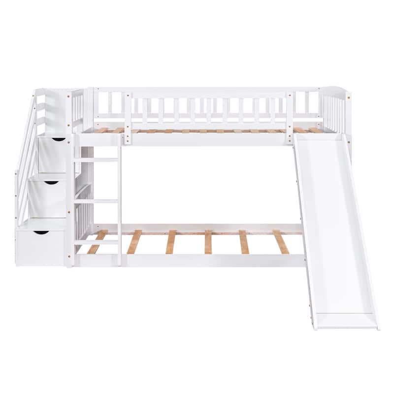 Stairway Twin over Twin Bunk Bed with Two Drawers and Slide, Gray(OLD SKU :LT000155AAE)
