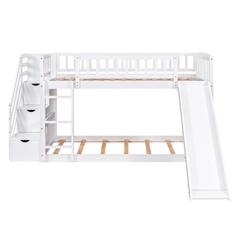 White Twin over Twin Bunk Bed with Drawers, Slide & Stairway ...