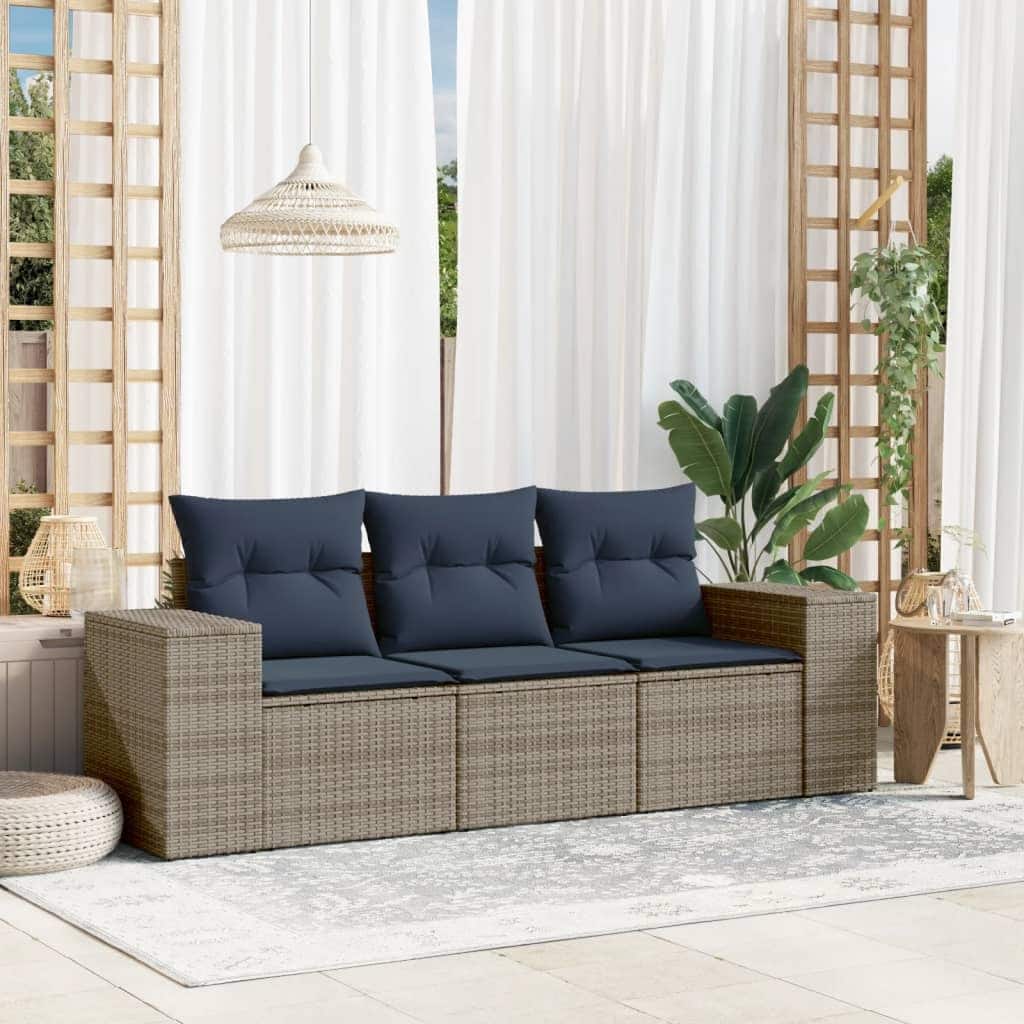 vidaXL 3 Piece Patio Sofa Set with Cushions Grey Poly Rattan - 21.7" x 24.4" x 27.2"