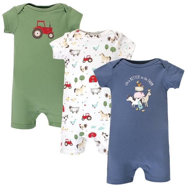 slide 1 of 1, Hudson Baby Infant Boy Cotton Rompers, Boy Farm Animals 0 - 3 Months - Green/Blue