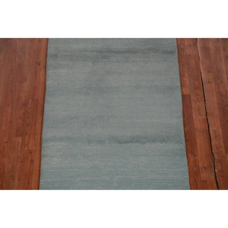 Hand Knotted Oriental 100% Wool Carpet Modern Solid Navy Blue & Blues Gabbeh Runner Rug - 9' 11'' X 2' 11''