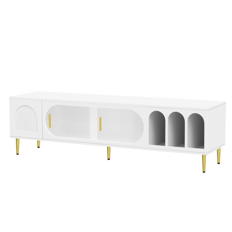 Modern TV Stand with Arched Shelves, Sliding Acrylic Door, Golden Metal Handles, and Ample Storage, Fits TVs up to 70 Inches.