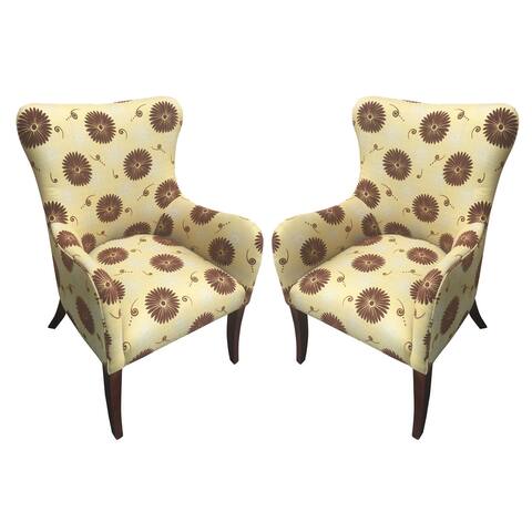 Upholstered Accent Wingback Arm Chair with Floral fabric, Set of 2, Brown and Yellow