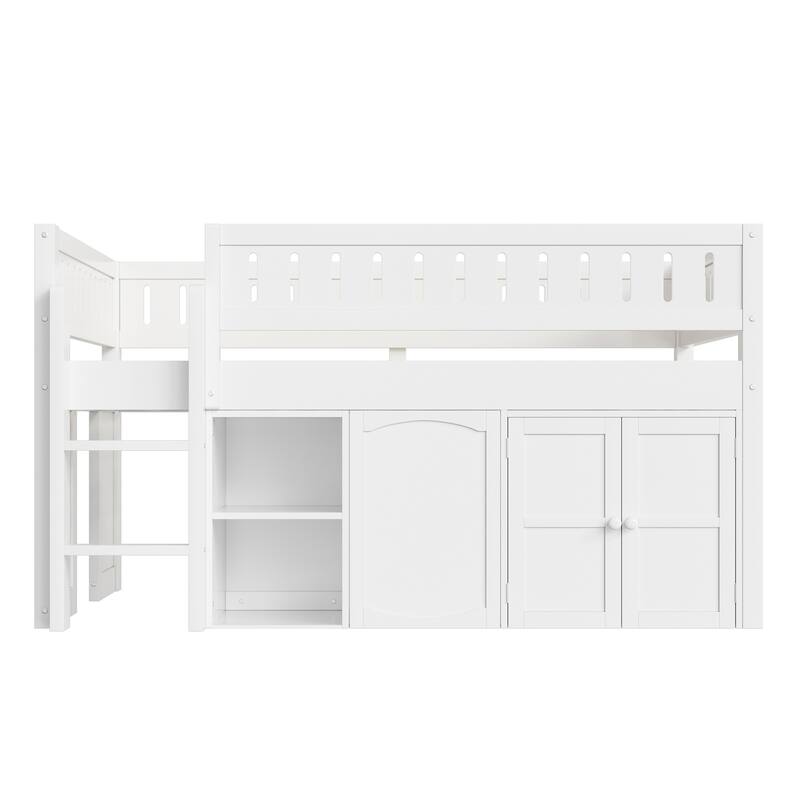 Wooden Full Size Loft Bed with Double-Door Storage Cabinet, Open Shelves and Chalkboard Panel