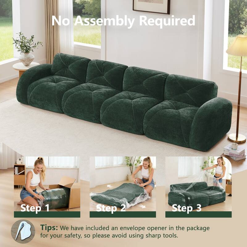 Rossetta 140" 4-Seater Soft Velvet Boneless Modular Sectional Sofa with Tufted Design, No Assembly Required
