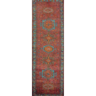 Hand Knotted Oriental 100% Wool Carpet Traditional Geometric Oranges & Rust Heriz Runner Rug - 10' 5'' X 3' 1''