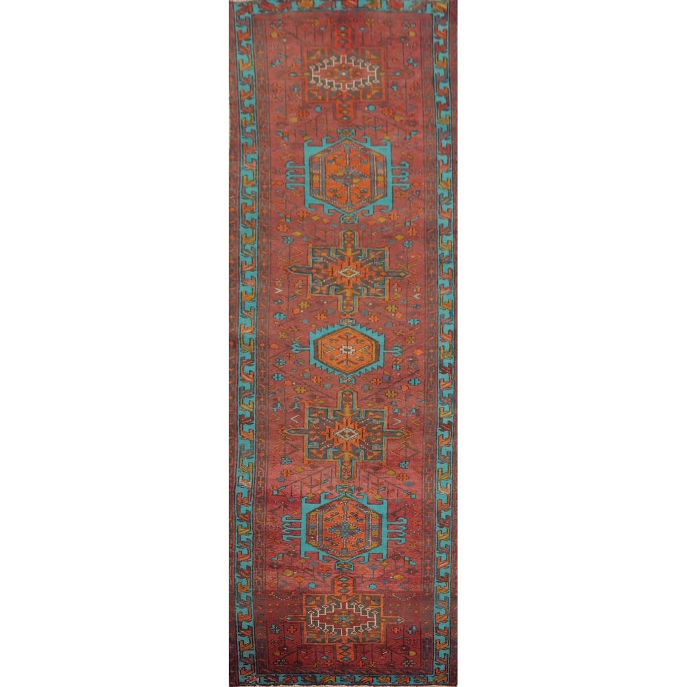 Hand Knotted Oriental 100% Wool Carpet Traditional Geometric Oranges & Rust Heriz Runner Rug - 10' 5'' X 3' 1''