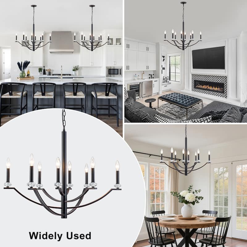 8-Light Industrial Black Chandelier Crystal Accents Adjustable Arms - Dia.40.94-in