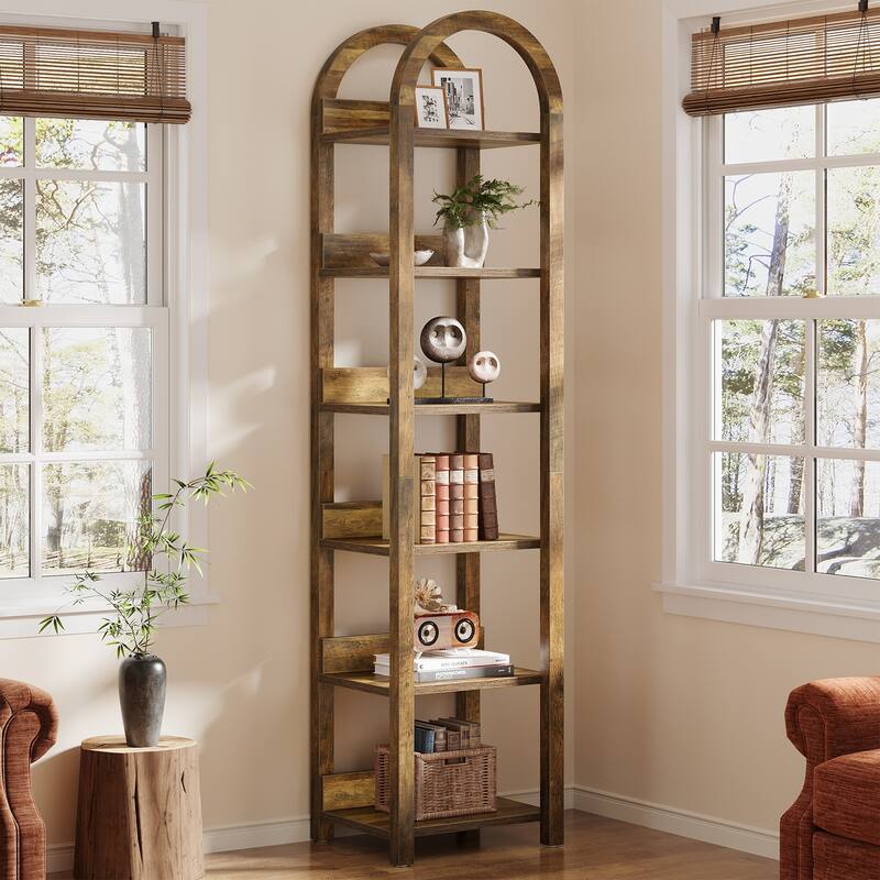 71'' Tall Brown Wood Arched Bookshelf Narrow Skinny Bookshelf with 6 Open Shelves - Brown