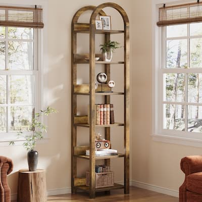 71'' Tall Brown Wood Arched Bookshelf Narrow Skinny Bookshelf with 6 Open Shelves