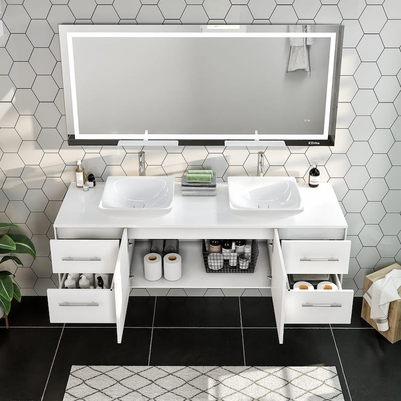 Eviva Wave 60" White DS Bath Vanity with Quartz Top & Vessel Sinks