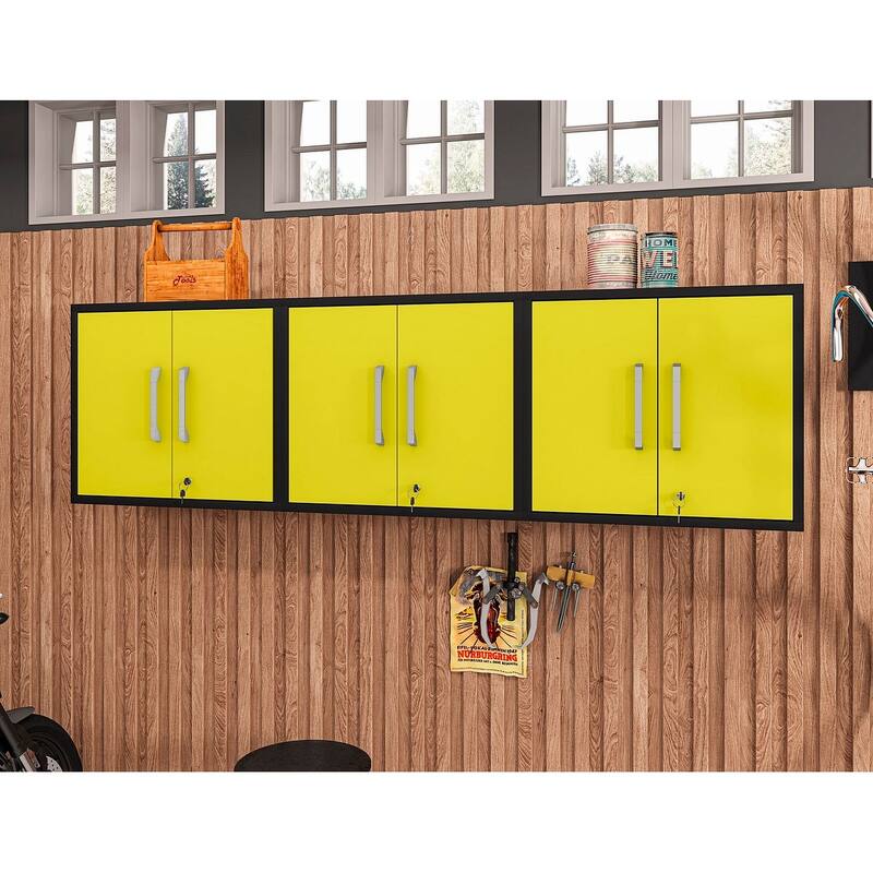Manhattan Comfort Eiffel Floating Garage Cabinet (Set of 3) - Matte Black and Yellow