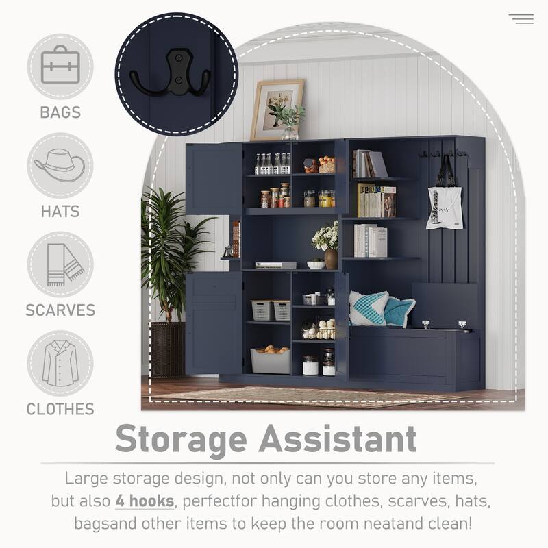 Multifunctional Left-Right Combination Hall Cabinet With Storage And 4 Hooks, Storage Cabinet/ Hall Tree 2 In 1