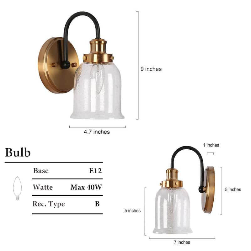 Modern 1-Light Black Gold Wall Sconces Bell Seeded Glass Bathroom Vanity Lighting - 4.7" L x 7" W x 9" H