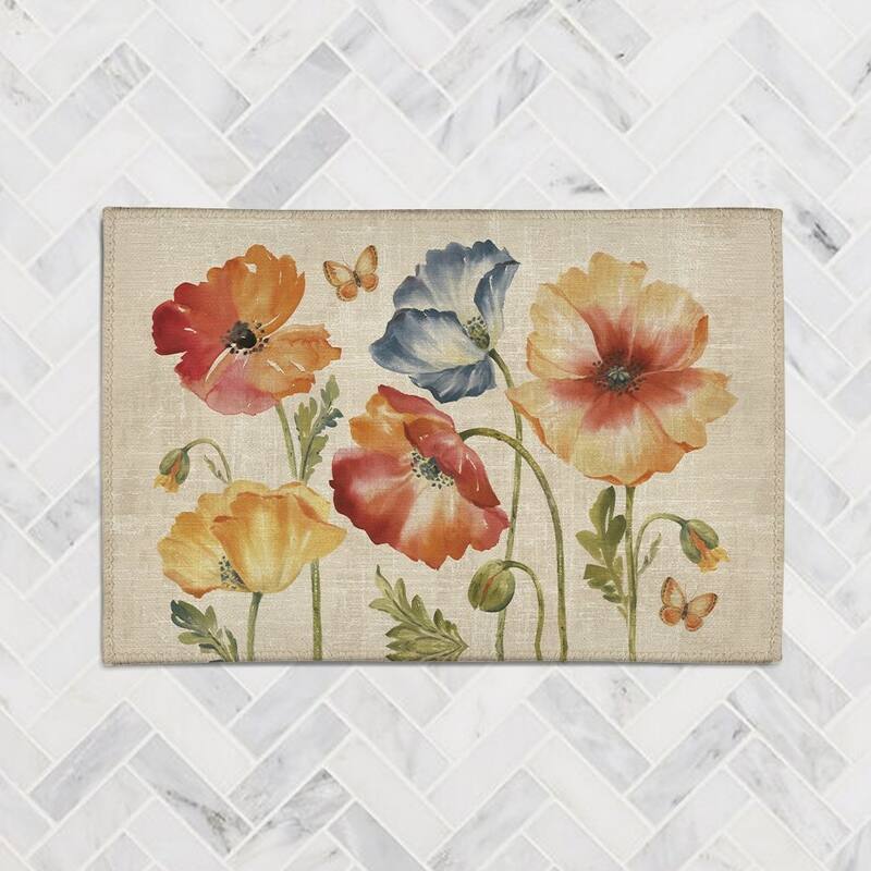 Multi Watercolor Poppies Chenille Accent Rug