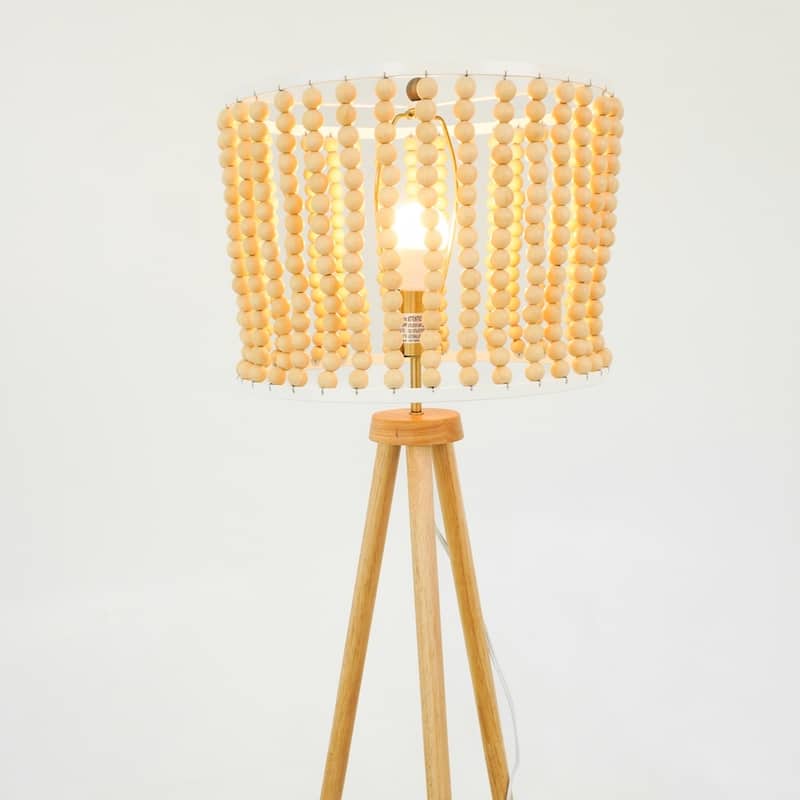 Sofi Natural Wood Tripod Floor Lamp with Beaded Shade