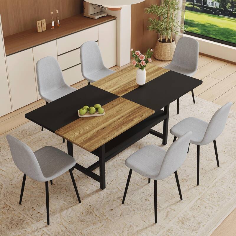 Light Gray Linen Chairs Side Chairs Dining Chairs with Metal Legs, Rectangular Dining Table Reception Table - Black Light Gray Wood