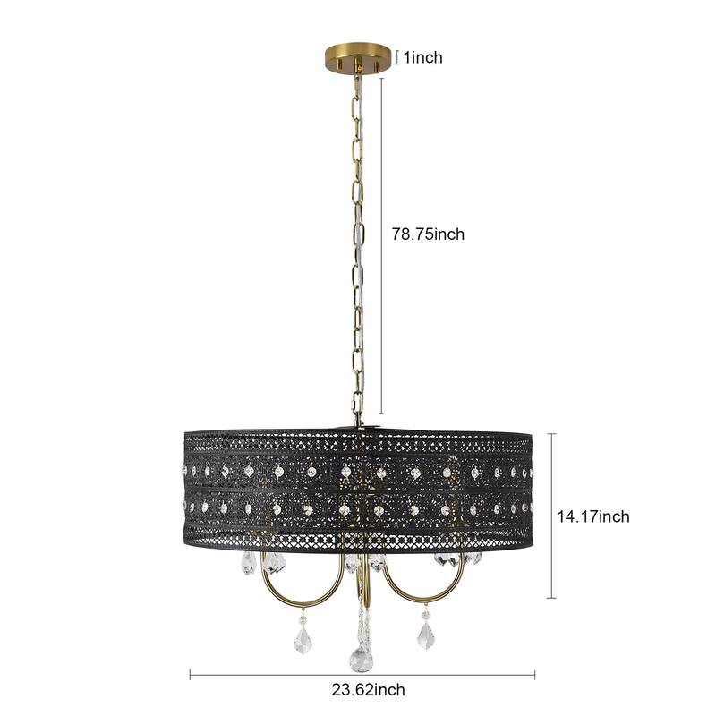 4-Light Elegant Black Lace - Trimmed Crystal Chandelier with Gold - Tone Hardware for Home Decoration - Matte Black