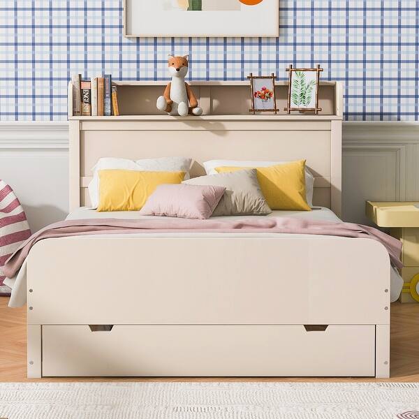 slide 2 of 21, Full Size Wooden Storage Platform Bedframe with Headboard & Drawers Cream - Full