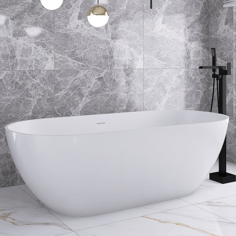 63 in. Solid Surface Freestanding Flatbottom Soaking Bathtub
