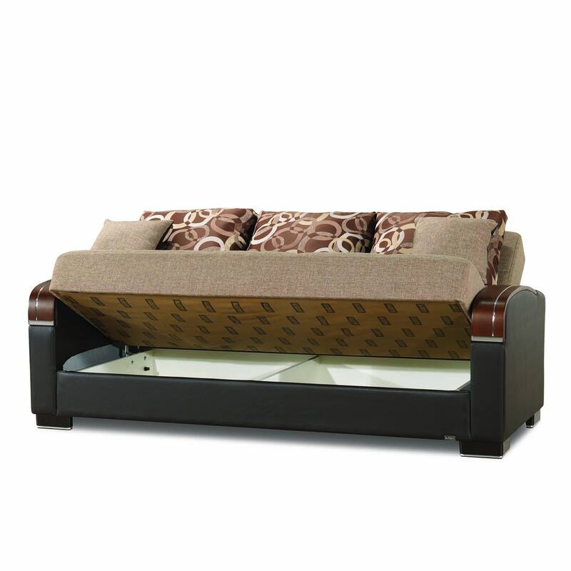 HomeRoots 87" Brown Polyester Convertible Futon Sleeper Sofa And Toss Pillows With Storage