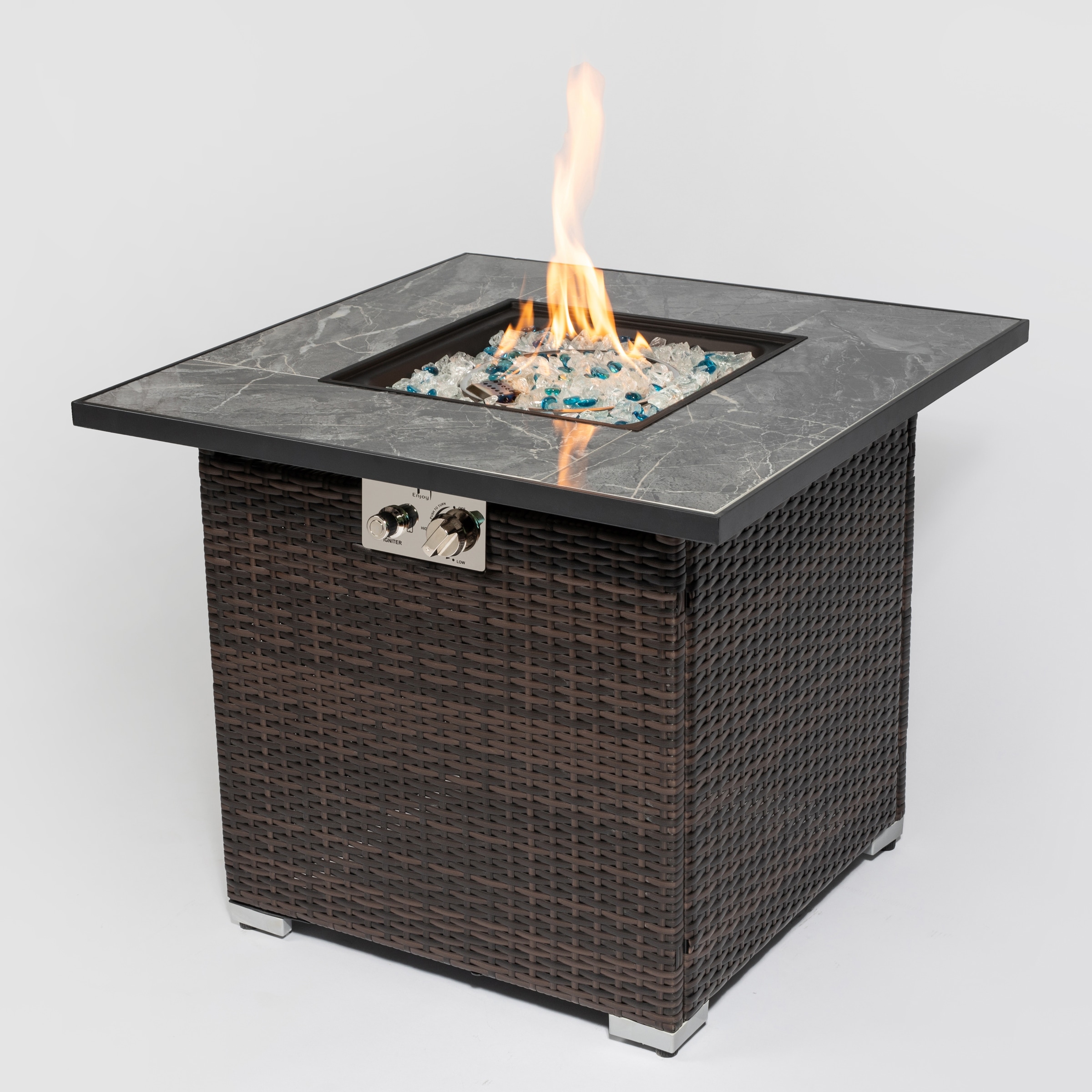 EDWINRAY 29.9 inch Square Outdoor Fire Table Propane Gas Fire Pit Table with Ceramic Tile Tabletop and Steel Frame, Glass Rocks and Rain Cover