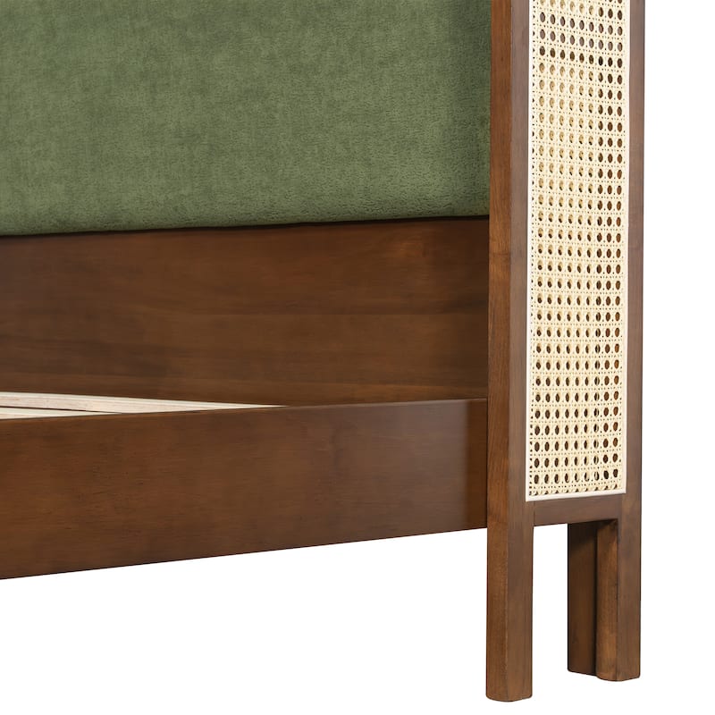 Christopher Knight Home - Mid-Century Upholstered Wood Low-Profile Platform Bed with Rattan Weaving Headboard