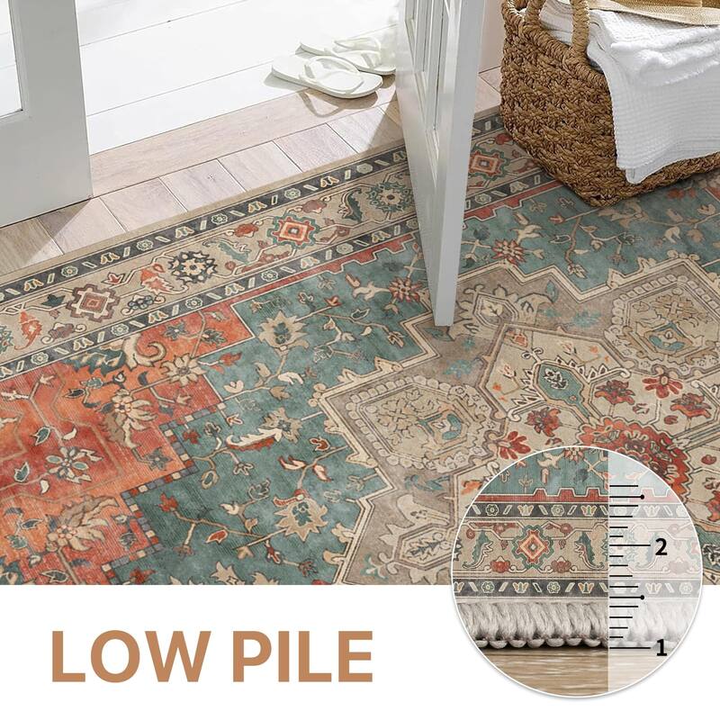 Mcow Neutral Floral Low Pile Machine Washable Non-Slip Area Rug