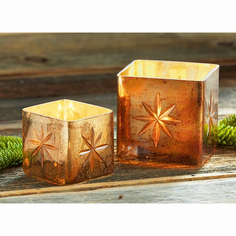 Cosmos Star Square Gold Glass Tealight Votive Candle Holder Tabletop Mantel Centerpiece Decorations, 4.5 inch