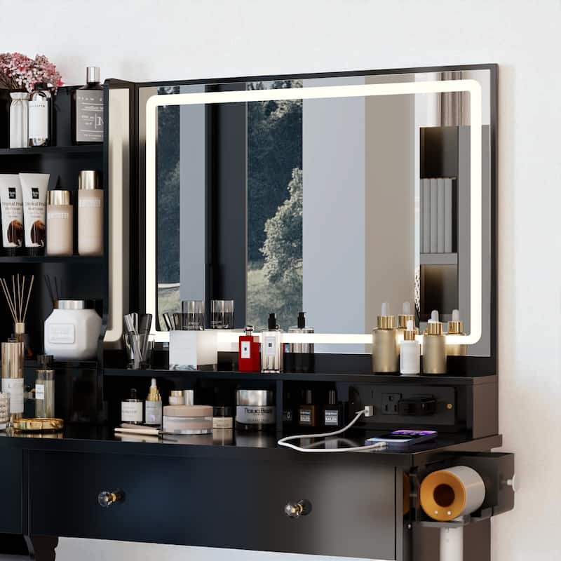 Makeup Vanity with Lighted Mirror, 41" Dressing Table with Charging Station, Cushioned Stool & Storage Drawer