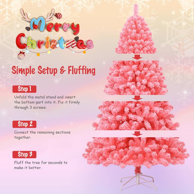 Gymax 4.5/6.5/7.5 FT Artificial Snow Flocked Pink Christmas Tree Unlit - See details