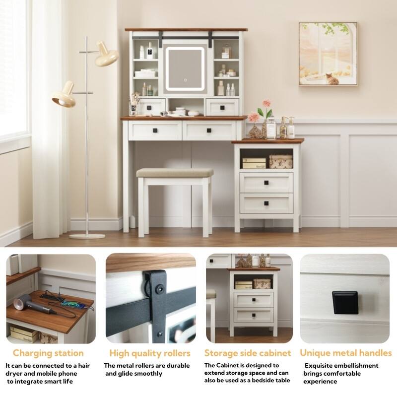46.5'' Farmhouse Makeup Vanity Desk with Adjustible LED Lighted Mirror and Charging Station, Stool for Bedroom