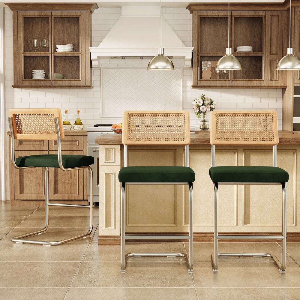 26" Counter Height Bar Stool with Velvet Upholstered Seat and Woven Rattan-Style Back - 26" H