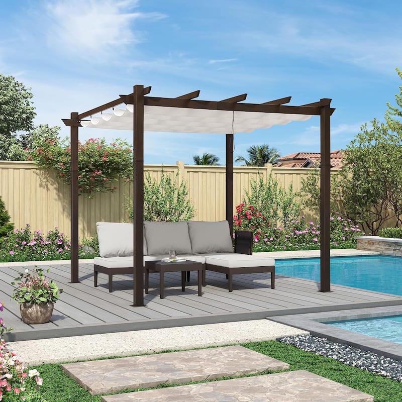 PURPLE LEAF Outdoor Retractable Bronze Metal Pergola w Canopy for Beach Deck Gazebo - 10ft x 10ft - White Canopy