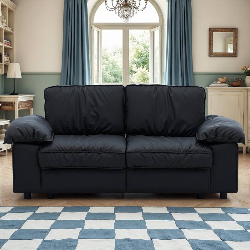 Leather Compact Sofa Couch with Hidden Storage, Minimalist 2-Seater Loveseat Sofa Couch with Pillow Armrests