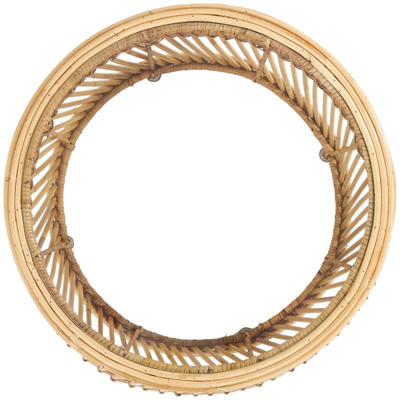 Brown Rattan Handmade Wavy Woven Accent Table with Glass Top