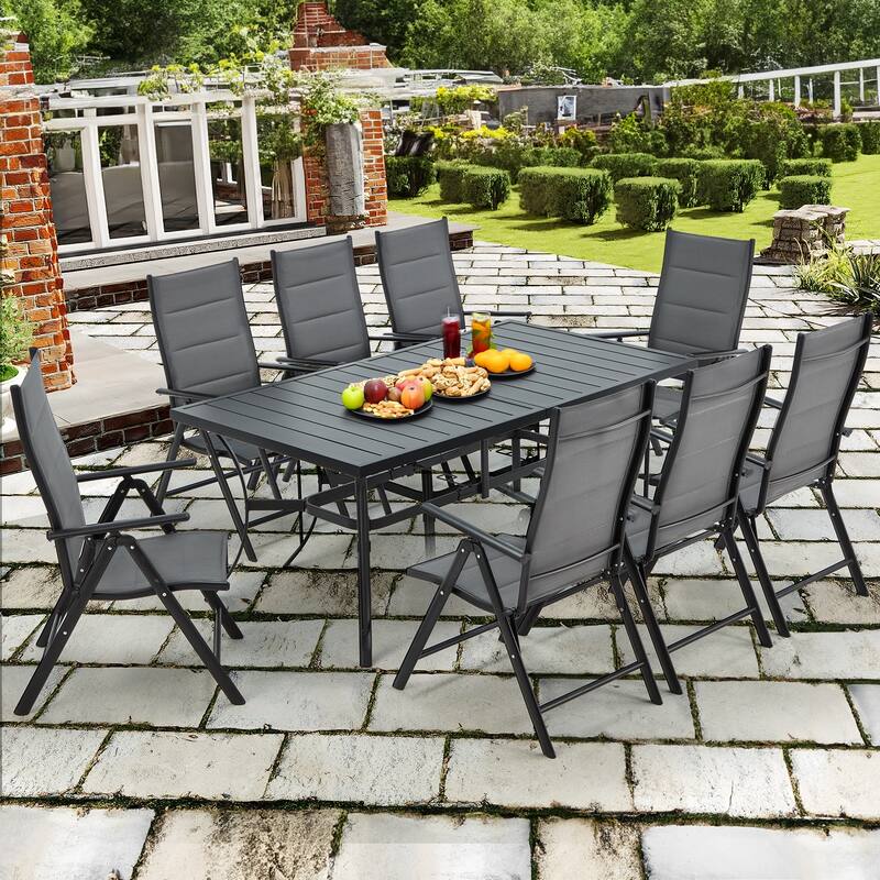 Versatile Outdoor Dining Sets w Swivel/Folding Chairs & Steel Slat Table and HDPE Dining Table Set for Gardens, Patios - 9-Piece - Folding-Grey