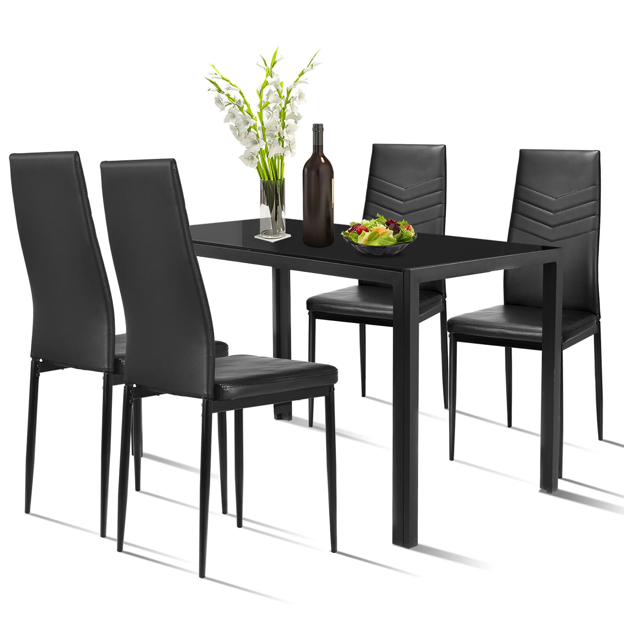 Gymax 5 Piece Dining Set Glass Top Table & 4 Upholstered Chairs Kitchen Room Furniture