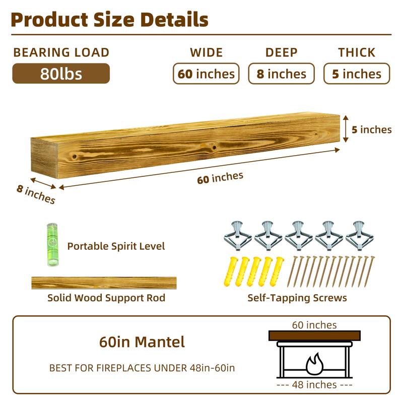 60" Fireplace Mantel, Rustic Fireplace Mantle Shelf with Invisible Brackets, Handcrafted Wood Floating Fireplace Mantel