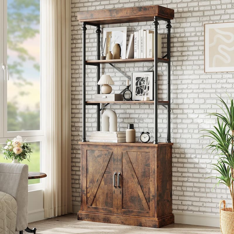73''H Industrial Floor Standing Bookcase with Doors 5 Story Display Storage