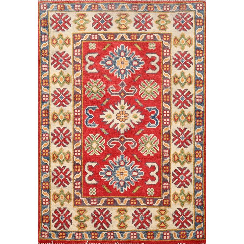 Hand Knotted Oriental 100% Wool Carpet Traditional Geometric Red Kazak Area Rug - 3' 0'' X 2' 0''