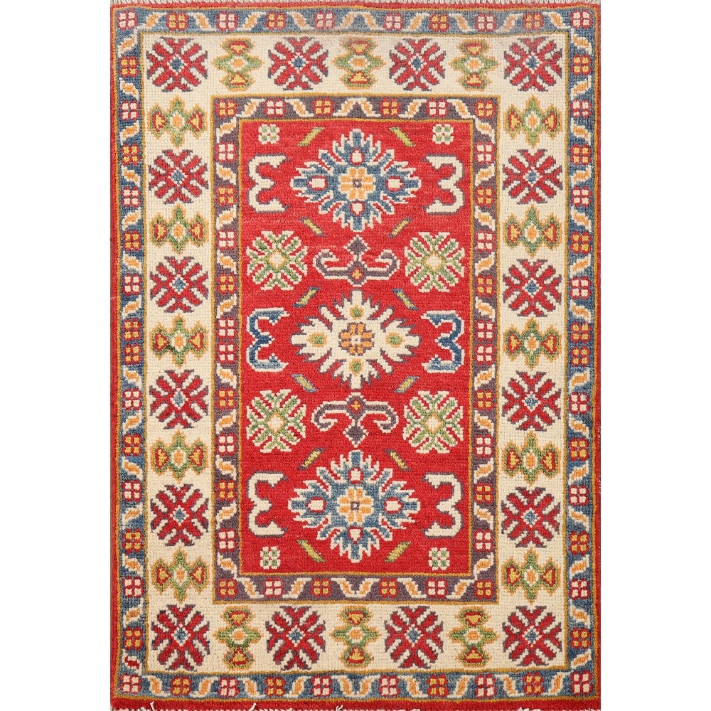 Hand Knotted Oriental 100% Wool Carpet Traditional Geometric Red Kazak Area Rug - 3' 0'' X 2' 0''