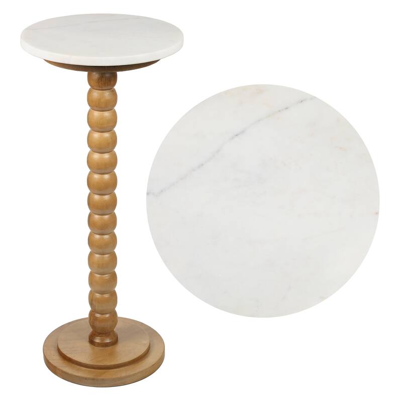 Monroe 24.25″ Farmhouse Spindle Wood Drink & End Table w/ White Marble Top, By JONATHAN Y - Natural/White