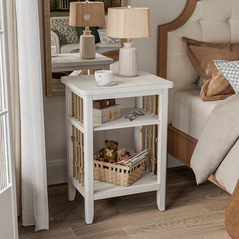 COSIEST White Solid Wood End Table with Hemp Ropes for Living Room